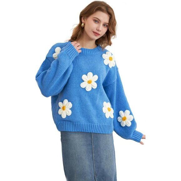 Sweaters - Floral Crewneck Sweater Long Sleeve Women Polyester Spring Fall Trendy